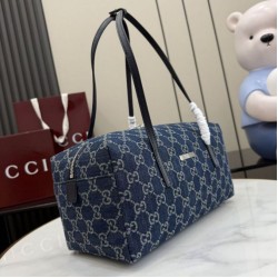 Replica fedele Borsa Gucci Melrose Boston media denim GG blu scuro Imitazione Outlet