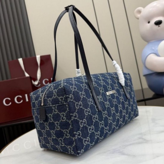 Replica fedele Borsa Gucci Melrose Boston media denim GG blu scuro Imitazione Outlet