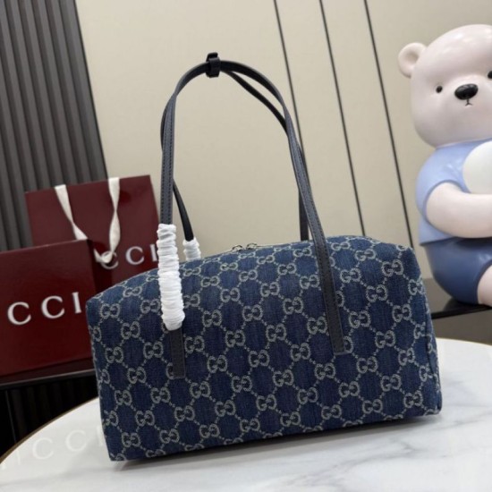 Replica fedele Borsa Gucci Melrose Boston media denim GG blu scuro Imitazione Outlet