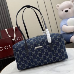 Replica fedele Borsa Gucci Melrose Boston media denim GG blu scuro Imitazione Outlet