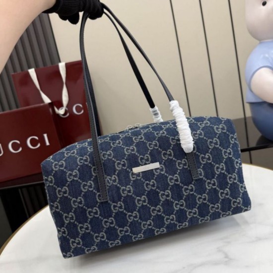 Replica fedele Borsa Gucci Melrose Boston media denim GG blu scuro Imitazione Outlet