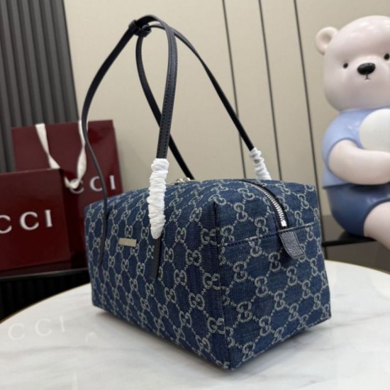 Replica fedele Borsa Gucci Melrose Boston media denim GG blu scuro Imitazione Outlet
