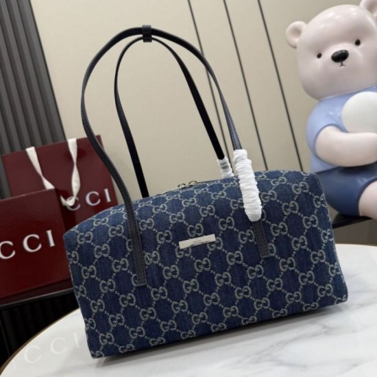 Replica fedele Borsa Gucci Melrose Boston media denim GG blu scuro Imitazione Outlet