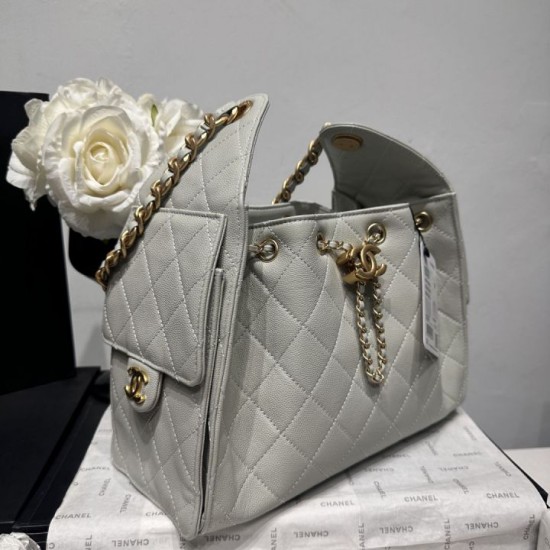 Replica Perfetta Borsa a secchiello Chanel AS5293 Hobo con coulisse Bianco-verde Imitazione Outlet
