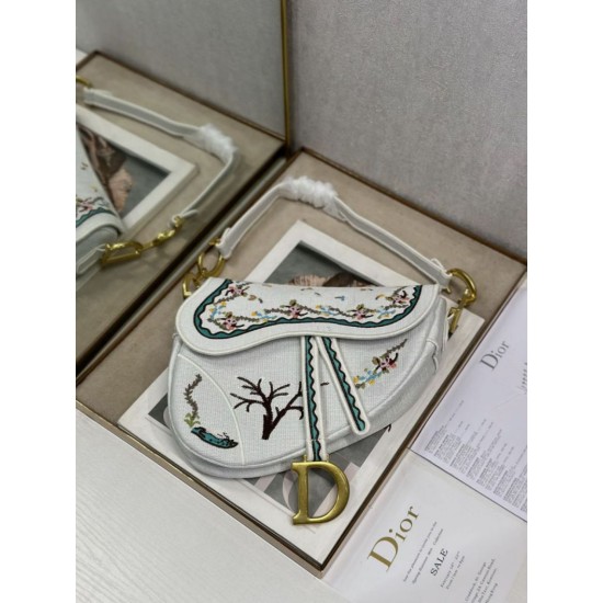 Replica Perfetta Borsa a tracolla Dior Saddle ricamata bianca