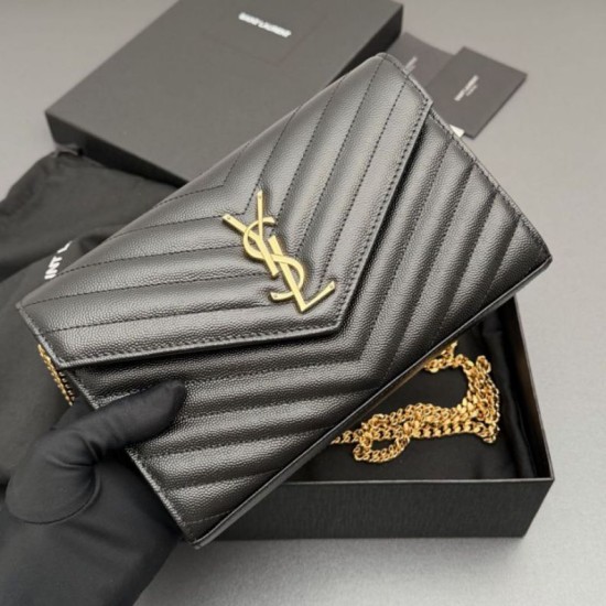 Replica di alta qualità Portafoglio a catena YSL Saint Laurent Envelope nero oro Replica perfetta Portafoglio a catena YSL Saint Laurent Envelope nero oro Imitazione Fake