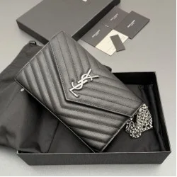 Replica di alta qualità Portafoglio a catena YSL Saint Laurent Envelope pelle originale nero argento Replica perfetta Portafoglio a catena YSL Saint Laurent Envelope pelle originale nero argento Imitazione Fake