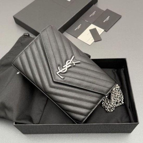 Replica di alta qualità Portafoglio a catena YSL Saint Laurent Envelope pelle originale nero argento Replica perfetta Portafoglio a catena YSL Saint Laurent Envelope pelle originale nero argento Imitazione Fake