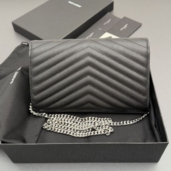 Replica di alta qualità Portafoglio a catena YSL Saint Laurent Envelope pelle originale nero argento Replica perfetta Portafoglio a catena YSL Saint Laurent Envelope pelle originale nero argento Imitazione Fake