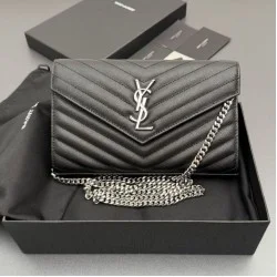 Replica perfetta Portafoglio a catena YSL Saint Laurent Envelope pelle originale nero argento Imitazione Fake