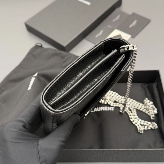 Replica di alta qualità Portafoglio a catena YSL Saint Laurent Envelope pelle originale nero argento Replica perfetta Portafoglio a catena YSL Saint Laurent Envelope pelle originale nero argento Imitazione Fake