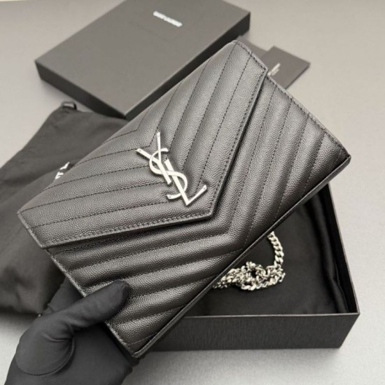 Replica di alta qualità Portafoglio a catena YSL Saint Laurent Envelope pelle originale nero argento Replica perfetta Portafoglio a catena YSL Saint Laurent Envelope pelle originale nero argento Imitazione Fake