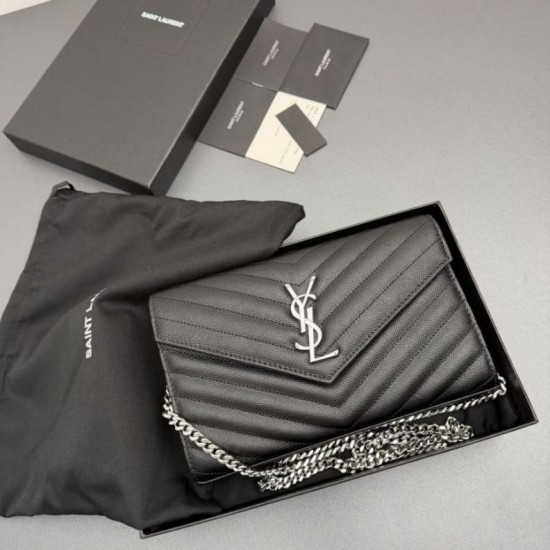 Replica di alta qualità Portafoglio a catena YSL Saint Laurent Envelope pelle originale nero argento Replica perfetta Portafoglio a catena YSL Saint Laurent Envelope pelle originale nero argento Imitazione Fake