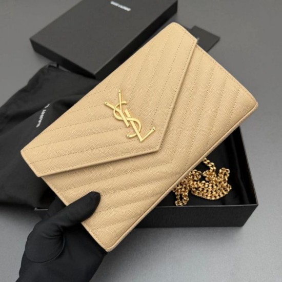 Replica di alta qualità Portafoglio a catena YSL Saint Laurent Envelope pelle originale albicocca Replica perfetta Portafoglio a catena YSL Saint Laurent Envelope pelle originale albicocca Imitazione Fake