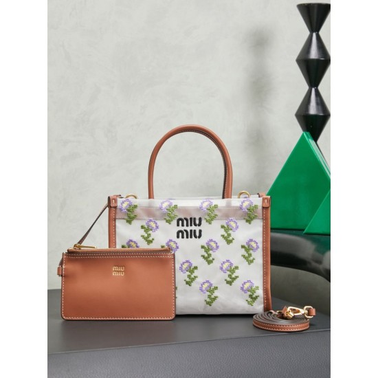 Replica di alta qualità Borsa tote rete ricamata Miu Miu 5BA310 19cm Replica perfetta Borsa tote rete ricamata Miu Miu 5BA310 19cm Imitazione Fake