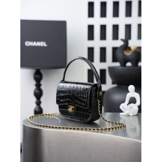 Replica di lusso Mini borsa a tracolla Chanel stampa coccodrillo AS6424 Nero Replica perfetta Mini borsa a tracolla Chanel stampa coccodrillo AS6424 Nero Imitazione Falsa