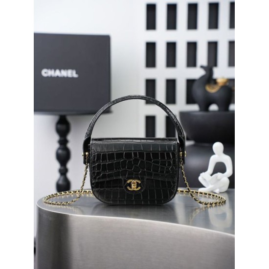 Replica di lusso Mini borsa a tracolla Chanel stampa coccodrillo AS6424 Nero Replica perfetta Mini borsa a tracolla Chanel stampa coccodrillo AS6424 Nero Imitazione Falsa