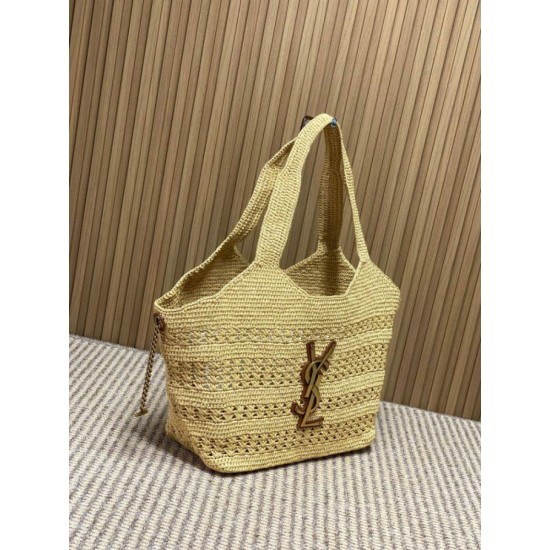 Replica Perfetta Borsa tote Icare YSL Saint Laurent con intreccio rafia albicocca Imitazione Falsa
