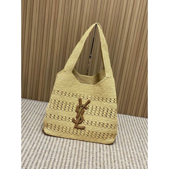 Replica Perfetta Borsa tote Icare YSL Saint Laurent con intreccio rafia albicocca Imitazione Falsa
