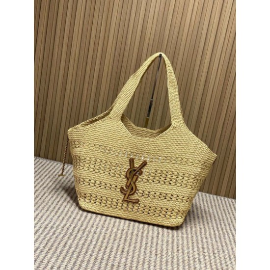Replica Perfetta Borsa tote Icare YSL Saint Laurent con intreccio rafia albicocca Imitazione Falsa