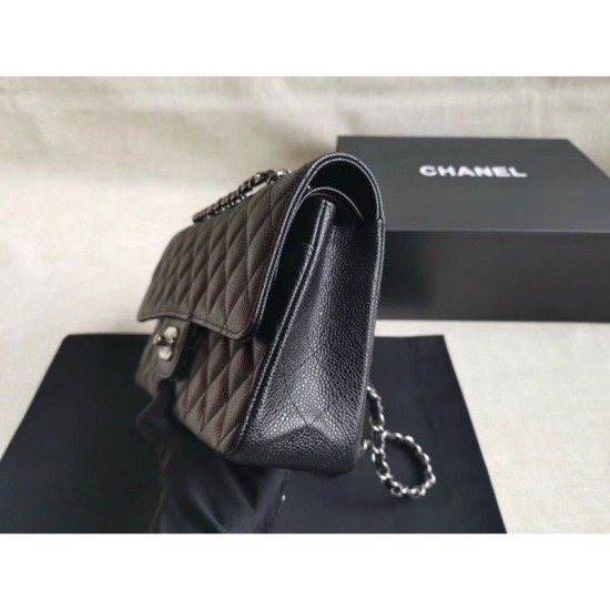 Replica Medium Classica Caviar Flap Borse A1112 Nero Argento / Hardware d'oro