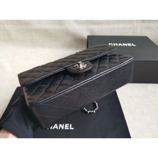 Replica Medium Classica Caviar Flap Borse A1112 Nero Argento / Hardware d'oro