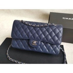 Replica Medium Classica Caviar Flap Borse A1112 Blu Argento / Hardware d'oro