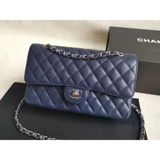 Replica Medium Classica Caviar Flap Borse A1112 Blu Argento / Hardware d'oro