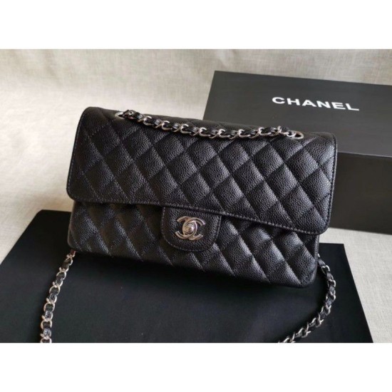 Replica Medium Classica Caviar Flap Borse A1112 Nero Argento / Hardware d'oro