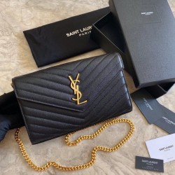 Replica Portafoglio con catena YSL Saint Laurent con busta a catena in pelle martellata Hardware nero oro