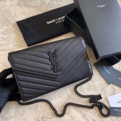 Replica Portafoglio con catena YSL Saint Laurent con busta a catena in pelle martellata nera nera hardware