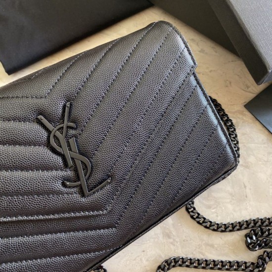 Replica Portafoglio con catena YSL Saint Laurent con busta a catena in pelle martellata nera nera hardware