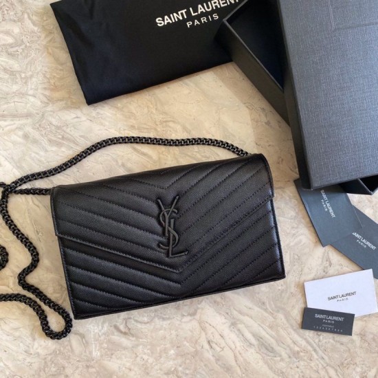 Replica Portafoglio con catena YSL Saint Laurent con busta a catena in pelle martellata nera nera hardware