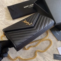Replica Portafoglio con catena YSL Saint Laurent con busta a catena in pelle martellata Hardware nero oro