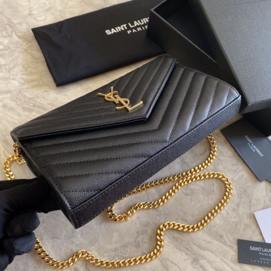 Replica Portafoglio con catena YSL Saint Laurent con busta a catena in pelle martellata Hardware nero oro