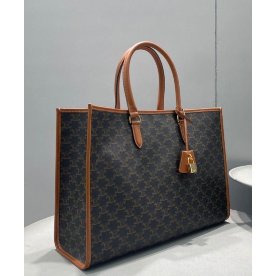 Replica Celine Cabas Orizzontali In Tela Triomphe E Pelle Di Vitello Caffè