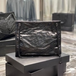 Replica YSL Saint Laurent NIKI Borsa shopping media in pelle stropicciata vintage Nera