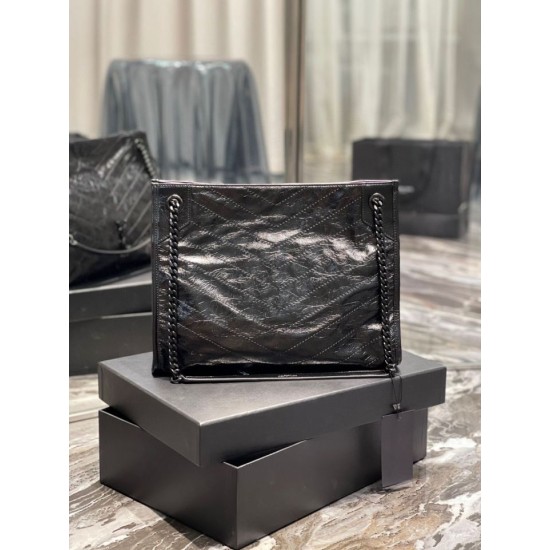 Replica YSL Saint Laurent NIKI Borsa shopping media in pelle stropicciata vintage Nera