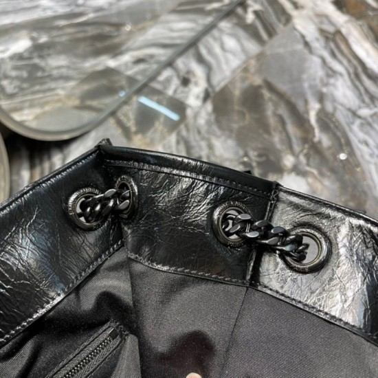 Replica YSL Saint Laurent NIKI Borsa shopping media in pelle stropicciata vintage Nera