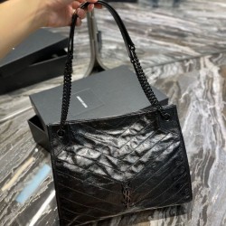 Replica YSL Saint Laurent NIKI Borsa shopping media in pelle stropicciata vintage Nera