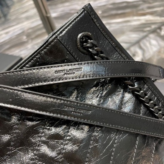 Replica YSL Saint Laurent NIKI Borsa shopping media in pelle stropicciata vintage Nera