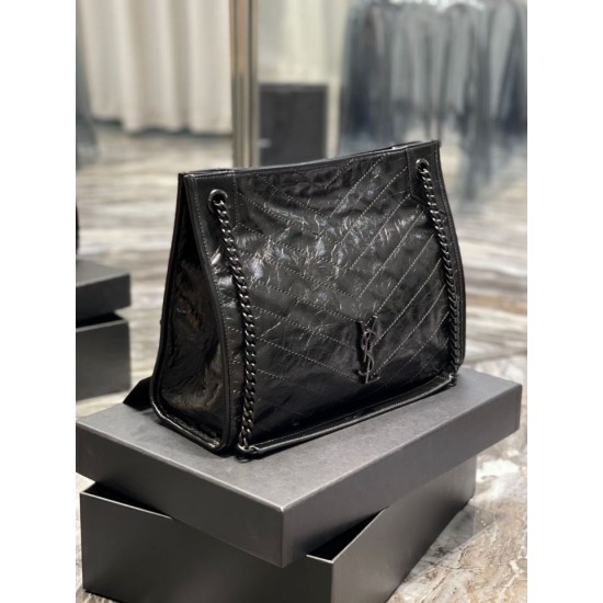 Replica YSL Saint Laurent NIKI Borsa shopping media in pelle stropicciata vintage Nera