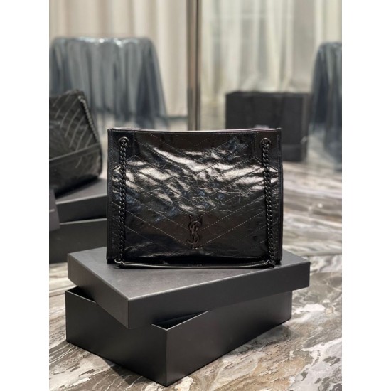 Replica YSL Saint Laurent NIKI Borsa shopping media in pelle stropicciata vintage Nera