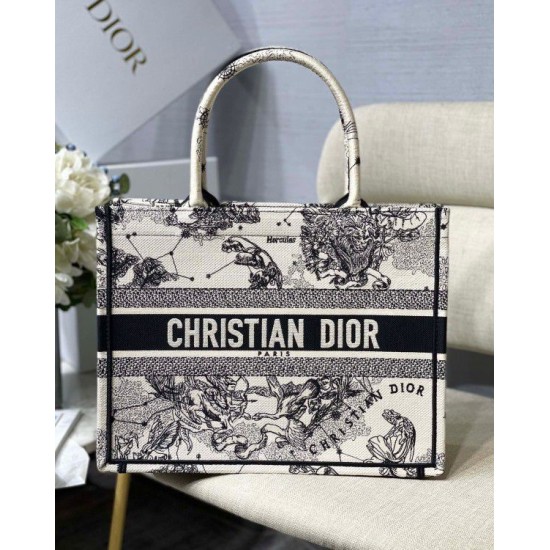 Replica Borsa tote media Dior Book Toile de Jouy Zodiac ricamo bianco