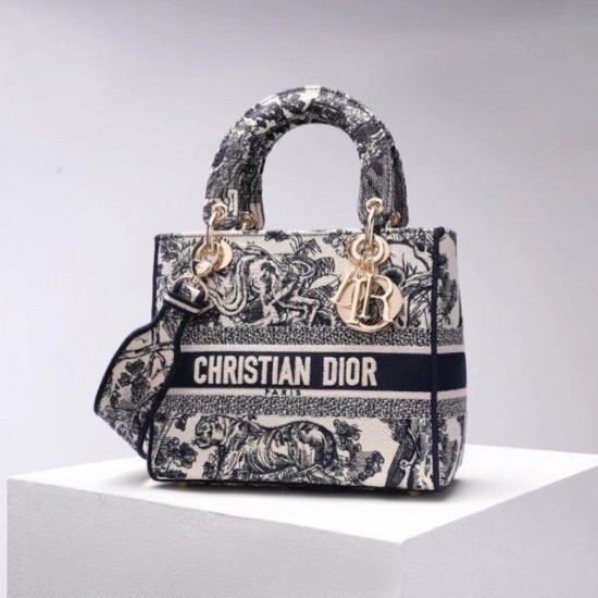Replica Borsa Dior Medium Lady D-Lite Toile de Jouy Ricamo Blu