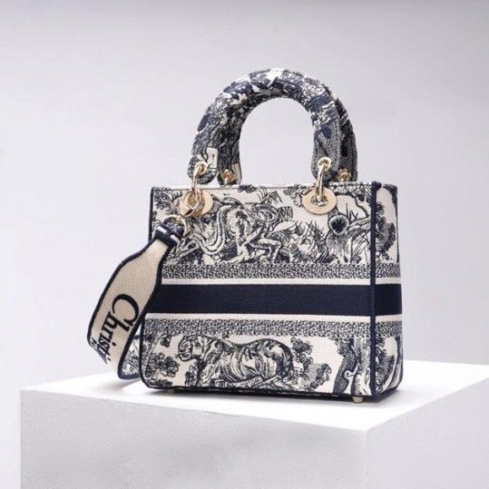 Replica Borsa Dior Medium Lady D-Lite Toile de Jouy Ricamo Blu