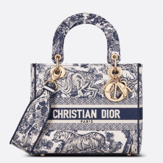 Replica Borsa Dior Medium Lady D-Lite Toile de Jouy Ricamo Blu