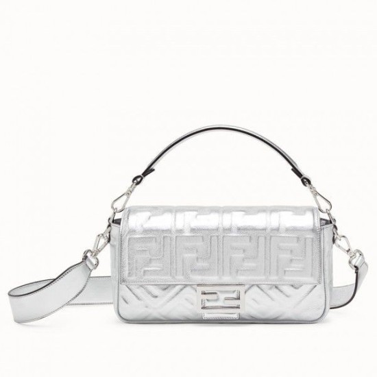 Replica Borsa Fendi Baguette Media Con Motivo FF Argento