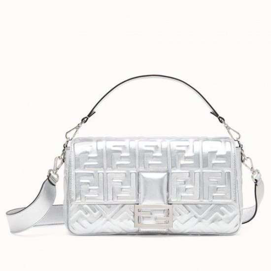 Replica Fendi Baguette Borsa Grande In Pelle Di Agnello Con Motivo FF Argento