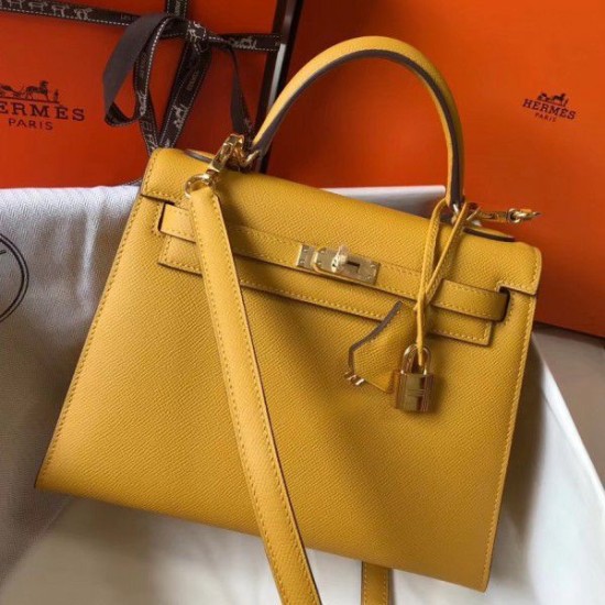 Replica Borsa Hermes Kelly 25cm Sellier Epsom in pelle gialla